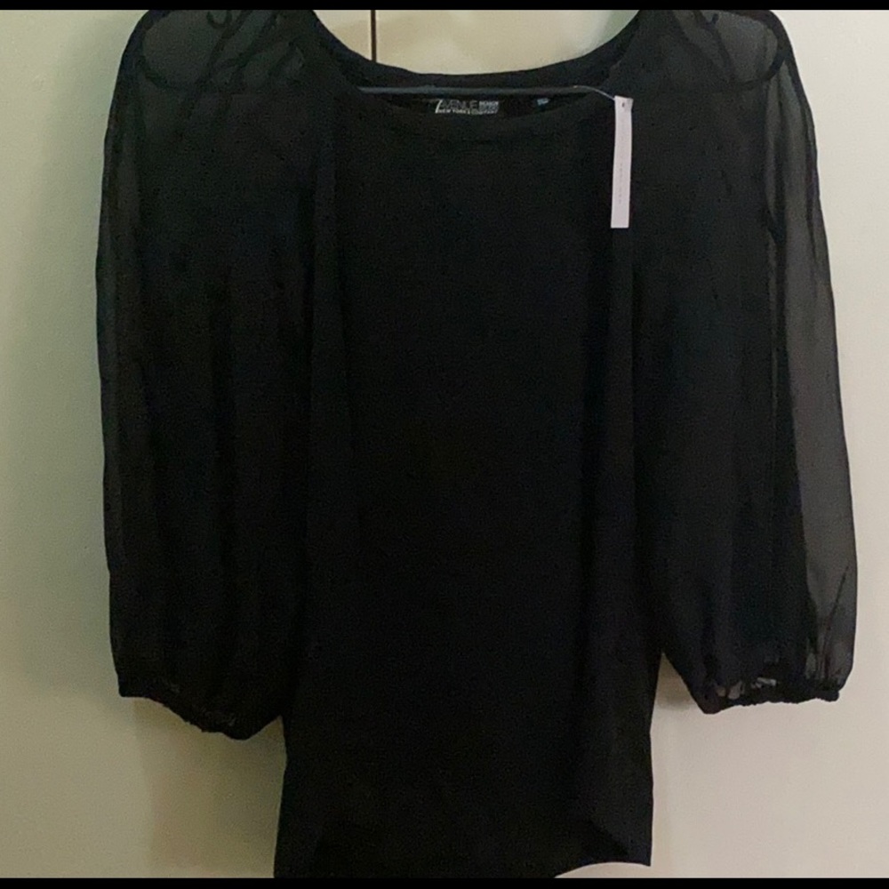 Black NY&Co blouse with sheer 3/4 sleeve.